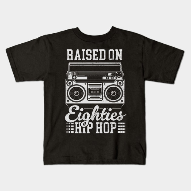 Raised on 80's Hip Hop: Funny Vintage Boom Box and Cassette Tape Kids T-Shirt by TwistedCharm